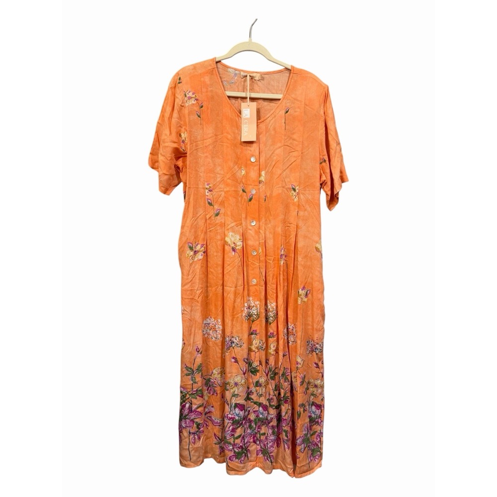 NEW La Cera Orange Floral Button Front Shirt Dress Size Large Cottagecore